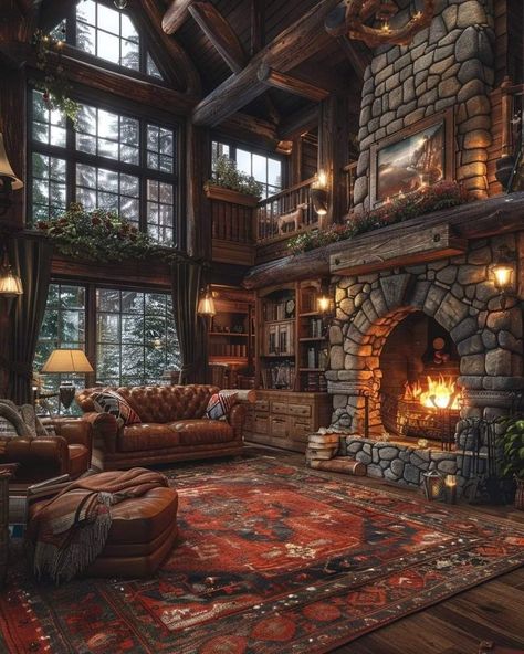 Interior Log Cabin, Fantasy Cottage Interior, Mountain Dream Homes, Log Cabin Interior, Log Cabin Ideas, Fantasy Rooms, Dream Life House, Cabin Interiors, Log Cabin Homes