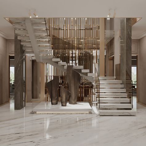 New Classic Villa Interior Design, Foyer Design Modern Entrance, Luxurious Staircase, Luxury Houses Entrance, Luxury Stairs, Staircase Interior Design, Luxury Staircase, Staircase Design Modern, Modern Entrance