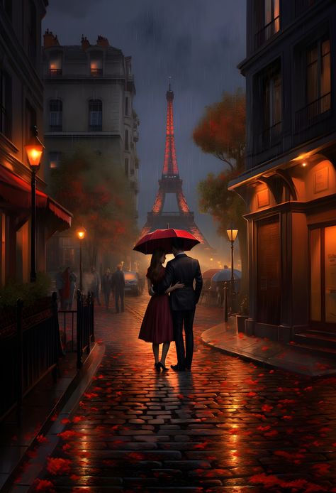 Red Aesthetic Painting, London Art Drawing, City Lights Painting, Couple Under Umbrella, Parisian Painting, Romantic View, Europe Street, Rainy Evening, Umbrella Painting