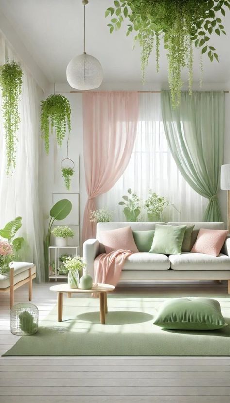 20 Stunning Pink and Green Living Room Ideas That Will Inspire You 38 Green White Pink Bedroom, White And Green Living Room Ideas, Different Color Sofas In Living Room, Army Green Living Room, Wall Color Ideas For Living Room, Pink And Green Curtains, Pink And Green Apartment, Green House Interior Ideas, Pink Room Interior