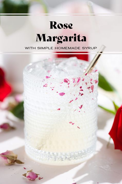 This Rose Margarita is a floral twist on the classic cocktail made with homemade rose syrup. It's super easy to put together and it's a hit at every party! It's also the perfect cocktail for Valentine's Day or Mother's Day! Rose Syrup Drinks, Rose Syrup Cocktail, Valentine's Day Cocktails, Valentines Day Party For Adults, Rose Margarita, Floral Margarita, Rose Drink, Valentine Cocktails, Rose Syrup