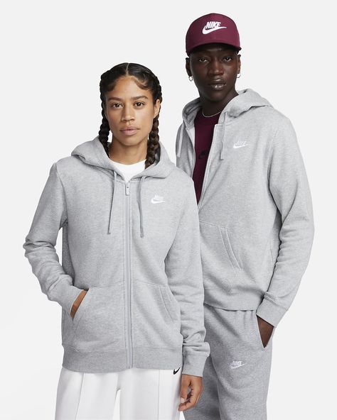 Nike Sportswear Club Fleece Women's Full-Zip Hoodie. Nike.com Nike Zip Up Hoodie, Fleece Outfit, Nike Sportswear Club Fleece, Tops Nike, Nike Fleece, Nike Zip Up, Tech Fleece, Women Lifestyle, Grey Nikes