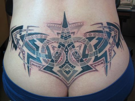 Daemonic Tribal Sacrum tattoo. Tattoo by Daemon Rowanchilde. www.urbanprimitive.com Sacrum Tattoo, Tattoo Tattoo, Deathly Hallows Tattoo, Signature Style, Multi Layering, Triangle Tattoo, How To Apply, Energy, Tattoos