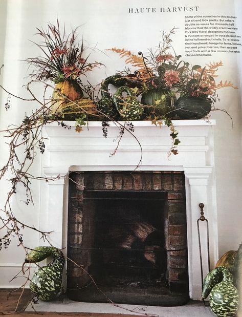 Fall fireplace design from Martha Stewart magazine. Martha Stewart Fall, Mantle Decorating Ideas, Mantle Decorating, Ideas For Thanksgiving, Season Change, Fall Mantle Decor, Fall Mantle, Autumn Display, Fall Arrangements