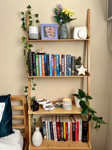 Bookshelf Wooden Simple, Hippy Bookshelf, Wood Bookshelves Bedroom, Rent Friendly Bookshelves, Simple Wood Bookshelf, Studio Apartment Bookshelf, Bookshelf As Bedside Table, Elevated Bookshelf, Bookshelf For Small Room