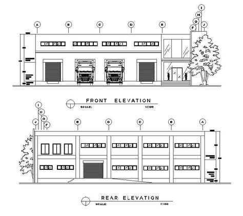 Front and rear side elevation of the Warehouse are given in this AutoCAD DWG drawing. Sectional details are clearly given in this drawing file. front shutter view, door, window view, and section details are given in this DWG file. Download the AutoCAD 2D DWG file. Thank you so much for downloading DWG file from our website Small Warehouse Design Layout, Warehouse Layout Floor Plans, Small Warehouse Design, Warehouse Floor Plan, Warehouse Office Design, Factory Plan, Warehouse Plan, Warehouse Ideas, Warehouse Architecture