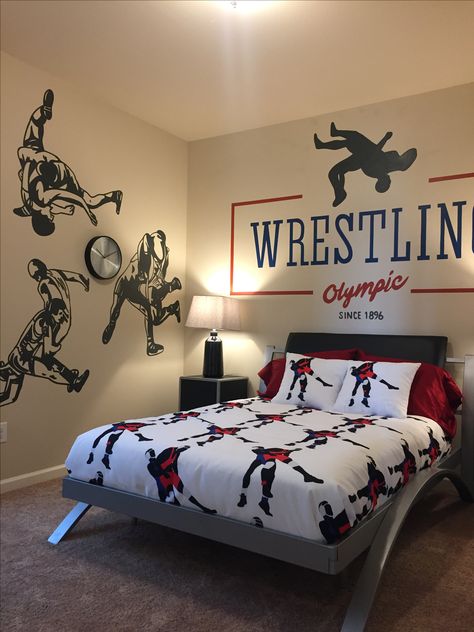 Wrestling theme room Mural painted by Enhanced Space Wrestling Theme Bedroom, Wrestling Bedroom Ideas, Wrestling Room Ideas, Wwe Bedroom, Wrestling Room, Michigan Decor, Teenager Bedroom Boy, Teen Boy Room, Wwe Elite