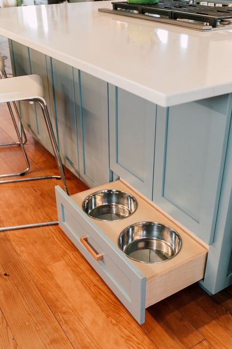 Hidden Dog Food Bowls, Kitchen With Built In Dog Bowls, Kitchen Island Dog Station, Kitchen Island With Dog Bowls, Dog Bowl Kitchen Island, Dog Bowl In Cabinet, Built In Pet Feeding Station, Dog Bowl Station Ideas, Pet Feeding Station Ideas