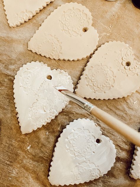 Stamped Clay Heart Ornaments - The House on Winchester Clay Heart Ornaments, Stamped Clay, Clay Heart, Cedar Tree, Quick Crafts, Heart Garland, Heart Cookies, Clay Ornaments, Heart Ornament