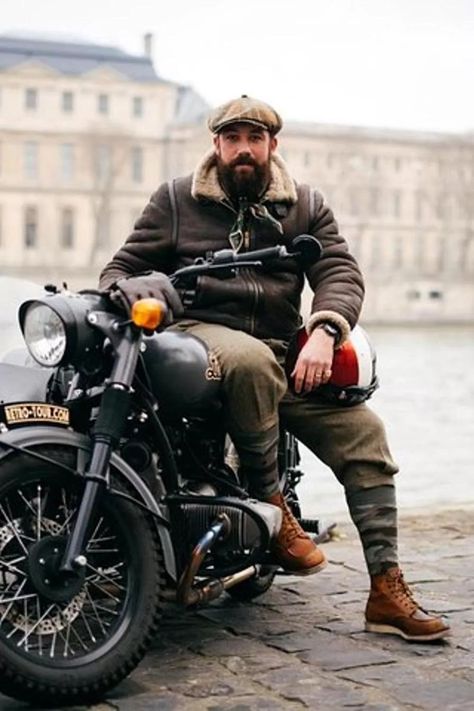 Gentleman Motorcycle, Rugged Gentleman Style, Rugged Gentleman, Male Character Art, Viking Beard Styles, Paris Attractions, Older Mens Fashion, Bobber Style, Biker Photoshoot