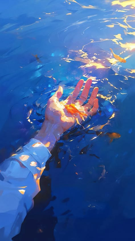 Person Touching Mirror, Hand Touching Water, Hands Reaching Out Painting, Cupping Hands Reference, Holding Water In Hands, Looking Down At Hands Drawing Reference, Floating In Water Drawing, Hand In Water, Clasped Hands