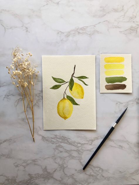 Watercolour Lemon Painting, Water Colour Lemons, Watercolor Lemon Tutorial, Lemons Watercolor Painting, Watercolor Lemon Tree, Simple Lemon Painting, Watercolor Lemon Paintings, Paintings Of Lemons, Easy Lemon Painting