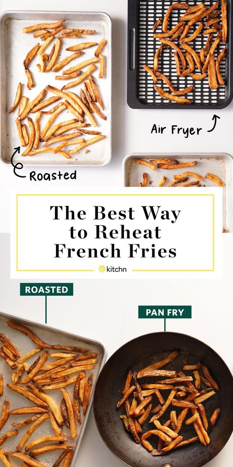 French fries are one of the best takeout staples. But leftover fries are often sad and soggy. But you can reheat them so they're as good as they were fresh. We tested four different ways — roasted, air fryer, pan fry, and the boiler — and found the best way to reheat French fries. Here's how to do it. Popeyes Fries, Leftover French Fries, Arby's Curly Fries, Oven Roasted Fries, Burger King Fries, Reheat French Fries, Oven French Fries, Air Fryer Fries, Pan Fried Potatoes