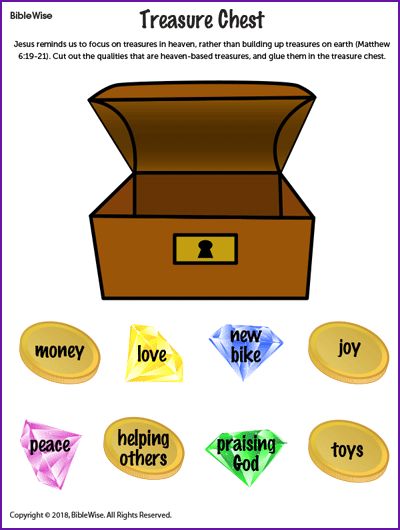 Treasure Chest (Sermon on the Mount) - Kids Korner - BibleWise Treasure Chest Craft, Sunday School Printables, Vacation Bible School Craft, Sermon On The Mount, Treasures In Heaven, Bible Activities For Kids, Bible Story Crafts, Bible Stories For Kids, Bible School Crafts