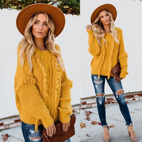 Image may contain: 2 people, people standing Yellow Knit Sweater, Mustard Yellow Color, At Midnight, Yellow Sweater, People People, People Standing, 2 People, Cable Knit Sweater, Fall Sweaters