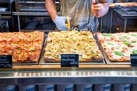 Roman Style Pizza Al Taglio is America's Newest Pizza Obsession - Thrillist Roman Style Pizza, Pizza Oven Recipes Wood Fired, Pizza Box Design, Romans Pizza, Pizza Oven Recipes, Square Pizza, Ny Pizza, Pizza Express, Italian Cafe