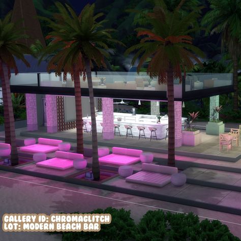 ☀️ MODERN BEACH BAR ☀️ A modern bar hangout that lights up at night. Gallery ID: ChromaGlitch _______ Tags: #cozygaming #sims4house #thesims4 #thesims4build #ts4build #simstagram #ShowUsYourBuilds #sims4builds #ts4 #modernarchitecture Bloxburg Night Club, Sims 4 Club Ideas, Sims 4 Nightclub Ideas, Bloxburg Bar Ideas, Bloxburg Bar, Sims 4 Rooftop Lounge, Sims Nightclub, Sims 4 Nightclub, Sims 4 Lots Nightclub