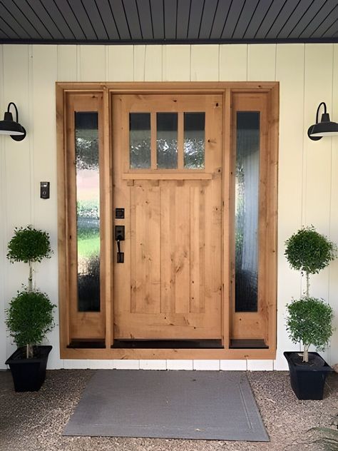 Big Front Doors Wood, Front Door For Craftsman House, Light Wood Stain Front Door, Front Arch Door, Farmhouse Entrance Door, Front Doors With Top Window, 36 Inch Front Door, Barndominium Exterior Door, Knotty Alder Exterior Door