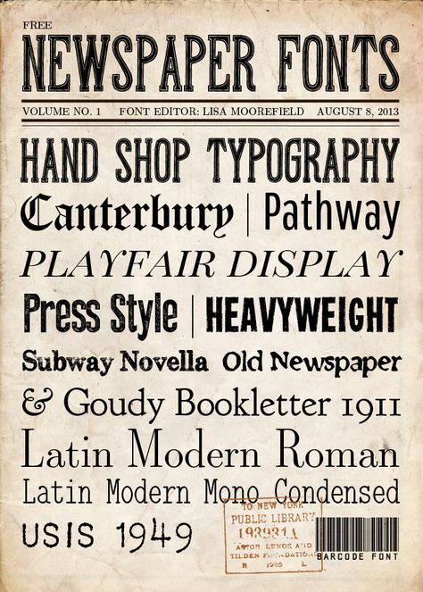 DIY Free Newspaper Fonts from A Little Scrapbooking. Included in this post are links to 149 free paper texture backgrounds (good ones) and other commonly used newspaper fonts. For more unique fonts that I’ve posted (monograms, unicorns, famous movie... Newspaper Club, Font Love, Free Paper Texture, Inspiration Typographie, Scrapbook Fonts, Computer Font, Silhouette Fonts, Beautiful Letters, Wrestling Gear