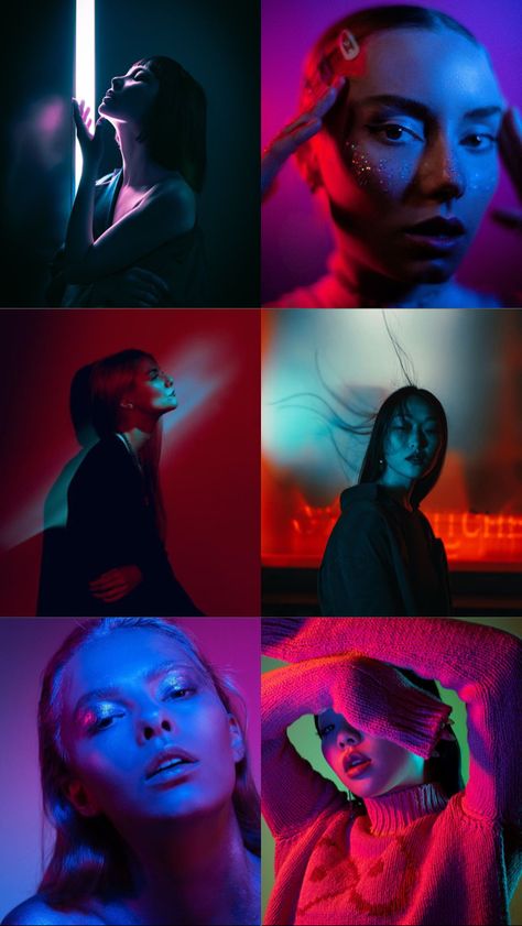 Photoshoot With Gels, Colorful Lights Photoshoot, Chromatic Photoshoot, Colorful Studio Portraits, Cinematic Self Portraits, Rgb Photoshoot, Rgb Lighting Ideas Photography, Holographic Photoshoot, Photography Series Ideas