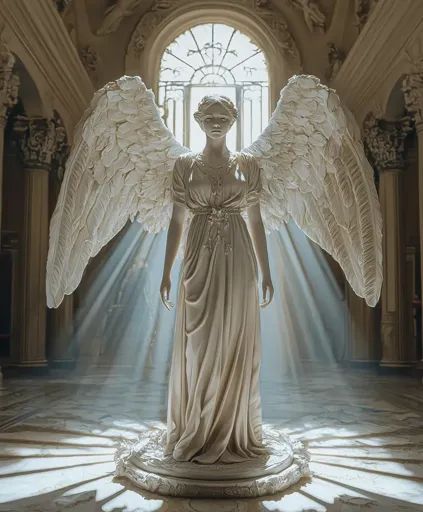 ↑↑↑ Larger size on website 🔸 A marble statue of an angel stands in a grand, ornate hall. The angel has large feathery wings and i Angels Statue, Guardian Angel Statue, Angel Statues Sculpture, Flowing Gown, Through A Window, Angel Statue, Angel Sculpture, Divine Grace, Angel Statues