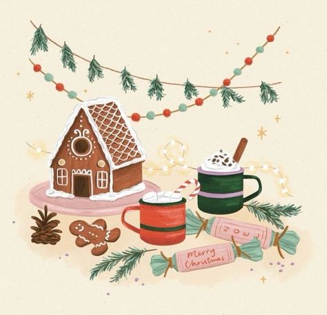 Winter Illustration, Cute Christmas Wallpaper, Christmas Gingerbread House, Christmas Drawing, Whimsical Illustration, Christmas Mood, Holiday Illustrations, Christmas Illustration, Art Instagram