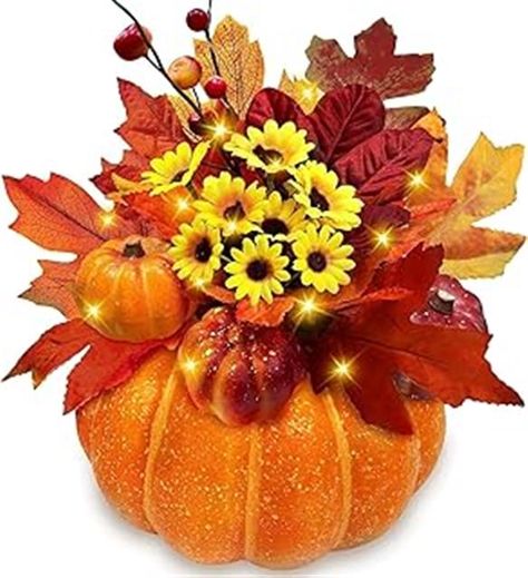 This 425-character Pinterest description captures the core details of the product and integrates relevant keywords while maintaining a captivating tone: "Create a warm and festive autumn atmosphere with the 8.5-inch natural looking pumpkin. Pre-lit with 10 LED lights, this durable decor comes with 26 accessories, including maple leaves, sunflowers, and pumpkins. Perfect for Thanksgiving and fall-themed decorations." Outdoor Table Centerpieces, Fall November, Pumpkin Table Decorations, Centerpieces For Tables, Fall Centerpieces, Fall Ornaments, Fall Pumpkin Decor, Fake Pumpkins, Artificial Pumpkins