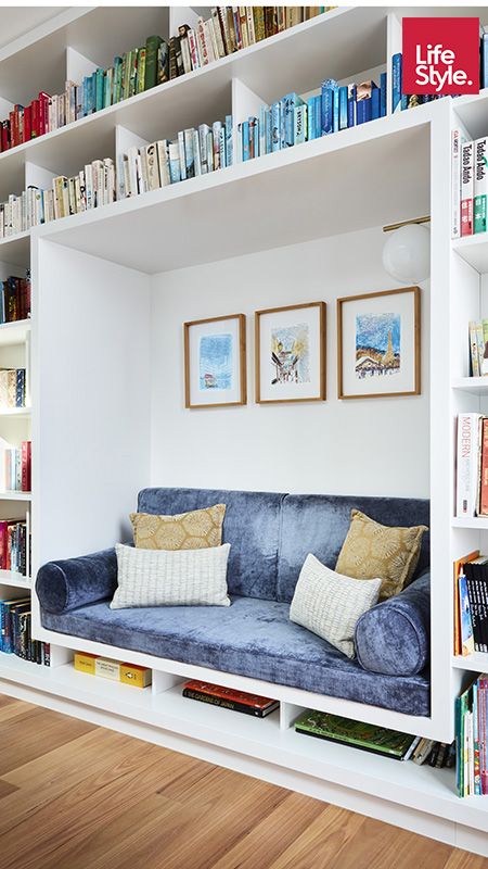 Reading Nook Ideas Living Room, Library With Sofa Bed, Library With Couch, Airing Cupboard Reading Nook, Reading Nook In Cupboard, Chaise Lounge Book Nook, Couch In Closet, Wrap Around Couch Bookshelf, Book Nooks Cozy Home Libraries