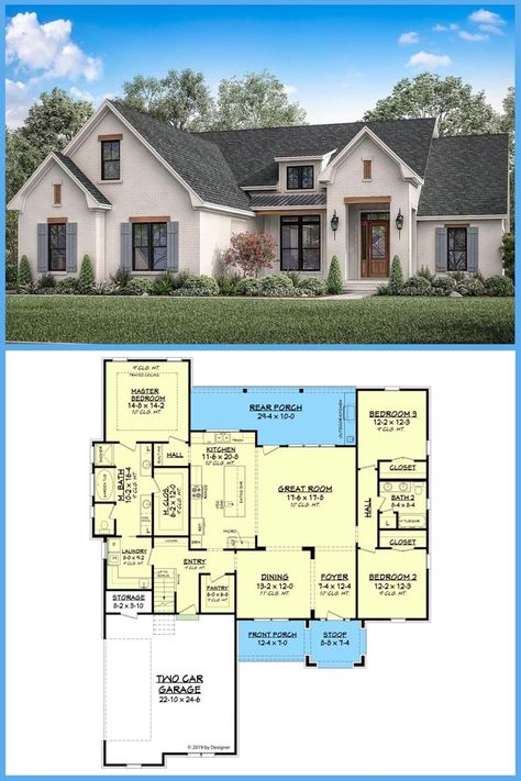 Painted Brick Exterior, American Style House, Hotel Floor Plan, Porch House Plans, Revit Architecture, American Houses, 4 Bedroom House Plans, Brick Exterior, American House