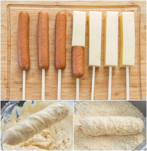 Korean Hot Dogs also called Korean Corn Dogs. Learn how to make this popular trendy street food at home! Korean Hot Dog Recipe, Hot Dog Cheese, Cheese Corn Dog Recipe, Korean Hot Dogs, Korean Corn Dog Recipe, Street Food At Home, Luau Party Food, Korean Corn, Corndog Recipe