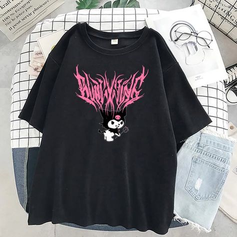 Kuromi Shirt Harajuku Sanrio Shirt Grunge Aesthetic Kuromi | Etsy Kuromi T Shirt, Unique Skirts, Crop Top With Jeans, White Collared Shirt, Harajuku Outfits, Aesthetic T Shirts, Looks Black, Rock T Shirts, Anime Hoodie