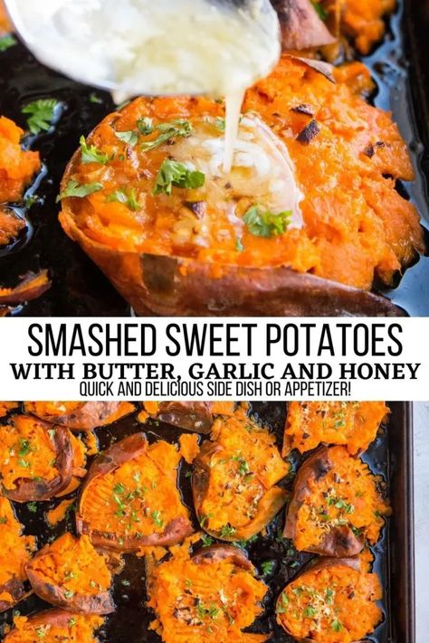 Garlic And Honey, Smashed Sweet Potatoes, Sweet Potato Side Dish, Sweet Potato Sides, Crispy Sweet Potato Fries, Crispy Sweet Potato, Potato Sides, Potato Side Dishes, Healthy Sweets Recipes