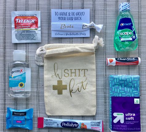 Hangover Kit Contents, Hangover Basket Ideas, Bachelorette Survival Kit Diy, Diy Hangover Kit, Hangover Kit Diy, Mini Emergency Kit, Wedding Guest Gift Bag, Bachelorette Hangover Kit, Guest Gift Bags