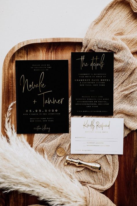 ** Novalie Suite in Black with Special GOLD FOIL PRINTING ** Also available in Silver or Rose Gold foil! Shop Now: https://www.etsy.com/shop/WhiteLaceDesign #whitelacebridal #whitelacedesign #weddinginvite #weddinginvitation #foilinvitation #foilweddinginvitation #foilweddinginvite #foilstationary #weddingwire #theknot #pittsburghbride #burghbride #indianapa Black White Gold Wedding Theme, Black Wedding Invitation, Tan Wedding, Black Gold Wedding, Black And White Wedding Invitations, Gold Wedding Theme, Copper Wedding, Black Wedding Invitations, Dark Wedding