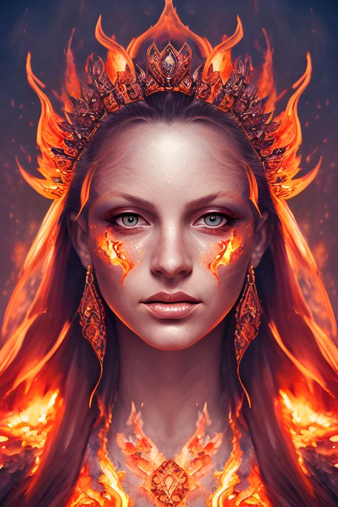 Portrait of a beautiful in fire princess woman girl. Woman in flames Fire Princess, Fire Book, In Flames, Painting Of Girl, Female Portrait, Book 1, Women Girl, Crown, Quick Saves