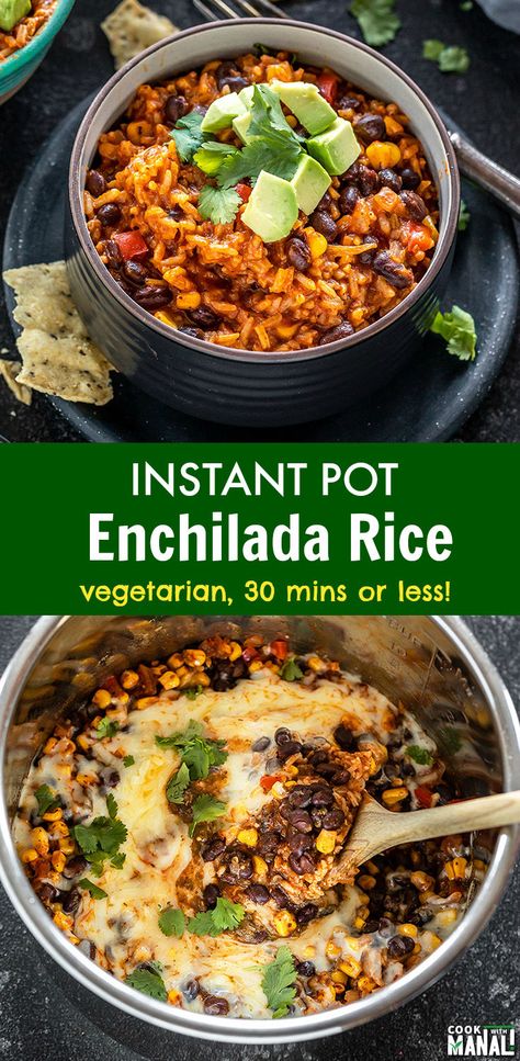 Easy Instant Pot Enchilada Rice gets done in less than 30 minutes! Packed with flavors, this is the perfect meal for busy days! #vegetarian #mexican #instantpot Recipes Enchiladas, Enchilada Rice, One Pot Vegetarian, Instant Pot Recipes Vegetarian, Vegan Instant Pot Recipes, Vegetarian Mexican, Vegetarian Instant Pot, Enchiladas Recipe, Mexican Rice