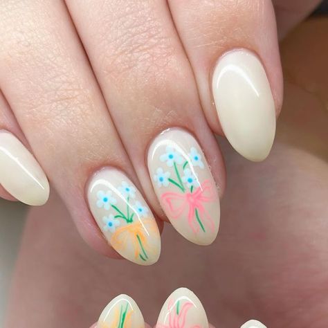 jenna cottrell || utah nail tech on Instagram: "good nail recipe: milky white & dainty flowers & bows" Nails Off White, White Nails With Nail Art, Dainty Summer Nails, White Designs On Nails, Cute White Flower Nails, Bouquet Nails, Flower Bouquet Nails, Cute Nails Flowers, Nails With Different Designs