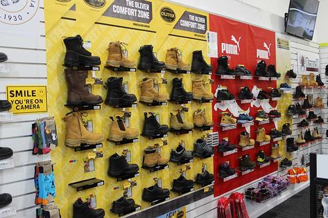 Workwear Store, Slatwall Accessories, Shelves Display, Display Frames, Tools Shop, Shoe Shelves, Tool Store, Shop Fittings, Hardware Shop