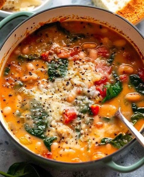 Stanley Tucci Recipes 🍝🍛🌭🍕 | Dive into the richness of our Creamy Parmesan Tuscano Soup tonight | Facebook Creamy Quinoa Soup, Parmesan Tuscan Soup, Tuscan Tomato Soup, Hearty Soups And Stews Fall, Creamy Parmesan Tuscan Soup, Creamy Fall Soup Recipes, Creamy Soups For Fall, Rosa Marina Soup, Ina Garten Tomato Soup