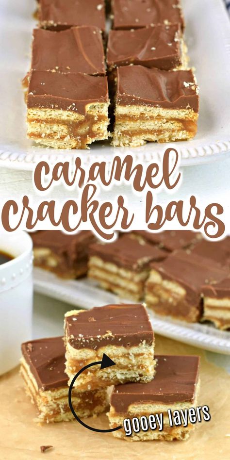 Decadent peanut buttery bars made with cracker crumbs are oozing with rich caramel and chocolate! Caramel Cracker Bars are just the treat to bring a little bit of sweetness to your day. Butterfly Watering Station, Club Cracker, Deserts Recipes, Cracker Dessert, Caramel Dessert, Club Crackers, Deserts Easy, Butter Brownies, Yummy Deserts