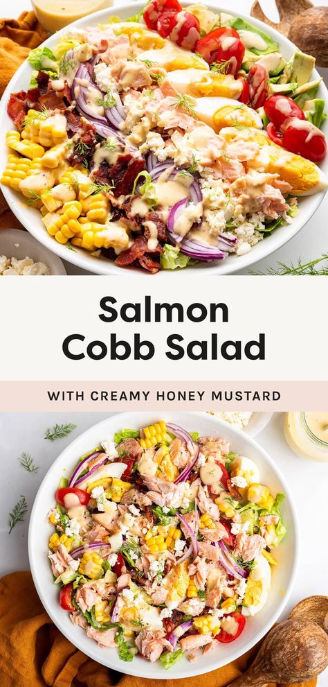 This protein packed salmon Cobb salad is loaded with crisp romaine, corn, tomatoes, turkey bacon, hard boiled eggs and flaky salmon all tossed in a creamy honey mustard dressing. Creamy Honey Mustard Dressing, Salmon Cobb Salad, Creamy Honey Mustard, Cobb Salad Ingredients, Cooking Turkey Bacon, Classic Cobb Salad, Cooking Hard Boiled Eggs, Creamy Honey, Bbq Chicken Salad