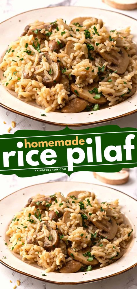 When you need a flavorful, yet easy side dish turn to this recipe for Homemade Rice Pilaf. Made with toasted rice, earthy mushrooms, and a homemade blend of spices, this Rice Pilaf Recipe is buttery, nutty, and insanely delicious! Mushroom Pilaf Rice, Homemade Rice Pilaf Recipes, Rice Pilaf With Mushrooms, Rice With Mushrooms Side Dishes, Spinach Rice Pilaf, Rice And Mushrooms Side Dish, Rice Palif Recipe, Rice With Mushrooms And Onions, Rice Pilaf Recipe Easy Instant Pot