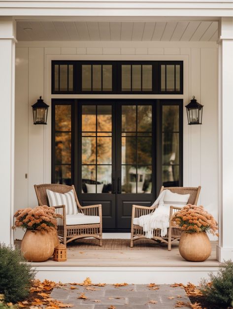 outdoor space for fall, fall front porch, covered porch decorated for fall Fall Front Porch Decor Double Door, Nancy Meyers Front Porch, Pottery Barn Front Porch, Dream Front Porch, Long Porch Decor, Chair By Front Door, Mediterranean Front Porch Ideas, Front Porch Layout, Outdoor Front Porch Ideas