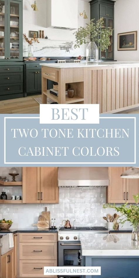 Transform your kitchen with the trendiest two-tone cabinet colors! From classic combinations to bold contrasts, discover the best ways to make your kitchen pop with style. Get inspired and elevate your kitchen design effortlessly. #kitchendesign #twotonecabinets #ABlissfulNest Small Kitchen 2 Tone Cabinets, Kitchen Cabinets Painted 2 Tone Cupboards, Two Tone Cabinets Wood And White, Kitchen Island Pop Of Color, Kitchen Cabinet Colors Two Tone, Cabico Kitchen Cabinets, Two Toned Kitchen Cabinets Wood, 2 Colour Kitchen Cabinets, 2 Toned Kitchen Cabinets