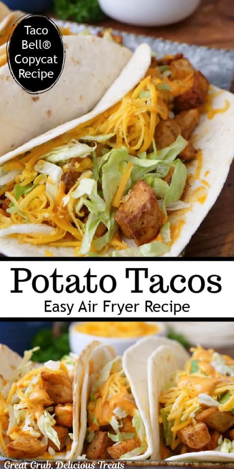 Potatoes Tacos Recipes, Taco Bell Potatoes Air Fryer, Taco Bell Potatoes Copycat Recipes, Potato Tacos Air Fryer, Potato Tacos Mexican Easy, Fried Potato Tacos, Taco Bell Spicy Potato Taco Sauce, Baked Diced Potatoes, Copycat Spicy Potato Soft Taco