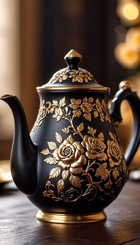 Magnificent delicate black china teapot engraved with gold roses - AI creation Black Teapot, Black China, China Teapot, Gold Roses, Coffee Chocolate, Chocolate Pots, Chocolate Coffee, Coffee Tea, Tea Pots