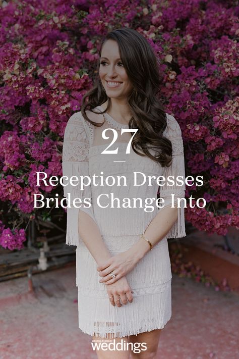 Click to get inspiration for your wedding reception dress that you can change into. Here are 27 wedding dresses that real brides changed int of or their wedding reception. #WeddingDress #WeddingReceptionDress #Ideas #Inspiration #Wedding #Bride #Bridal #Details | Martha Stewart Weddings - 21 Reception Dresses Brides Changed Into for Their Parties Bridal Change Dress, Non Traditional Reception Dress, Bridal After Party Outfit Casual, Second Bride Dress For Reception, Brides Dress For Reception, Bridal Reception Party Dress, Reception Exit Dress, Second Outfit For Bride Reception, Bride Reception Party Dress