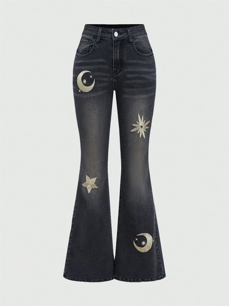 Women's Pocket Embroidered Star Bell Bottom Casual Jeans Black Casual   Woven Fabric Geometric Flare Leg High Stretch  Women Clothing, size features are:Bust: ,Length: ,Sleeve Length: