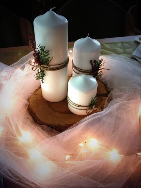 Wood & Tulle & Lights Tulle Fairy Lights Wedding, Tulle Table Decorations Centerpieces, Tulle Centerpiece Wedding, Using Tulle As Table Runner, Tulle With Lights, Tulle Centerpiece Diy, Fairy Light Table Centerpieces, Tulle And Fairy Lights, Centerpieces With Lights