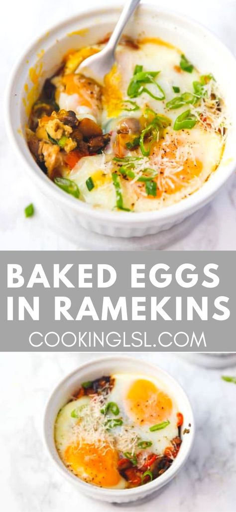 Baked Eggs In Ramekins, Ramkin Recipes, Eggs In Ramekins, Ramekin Breakfast, Vegetables Breakfast, Bake Eggs, Eggs In The Oven, Ramekin Recipe, Oven Baked Eggs